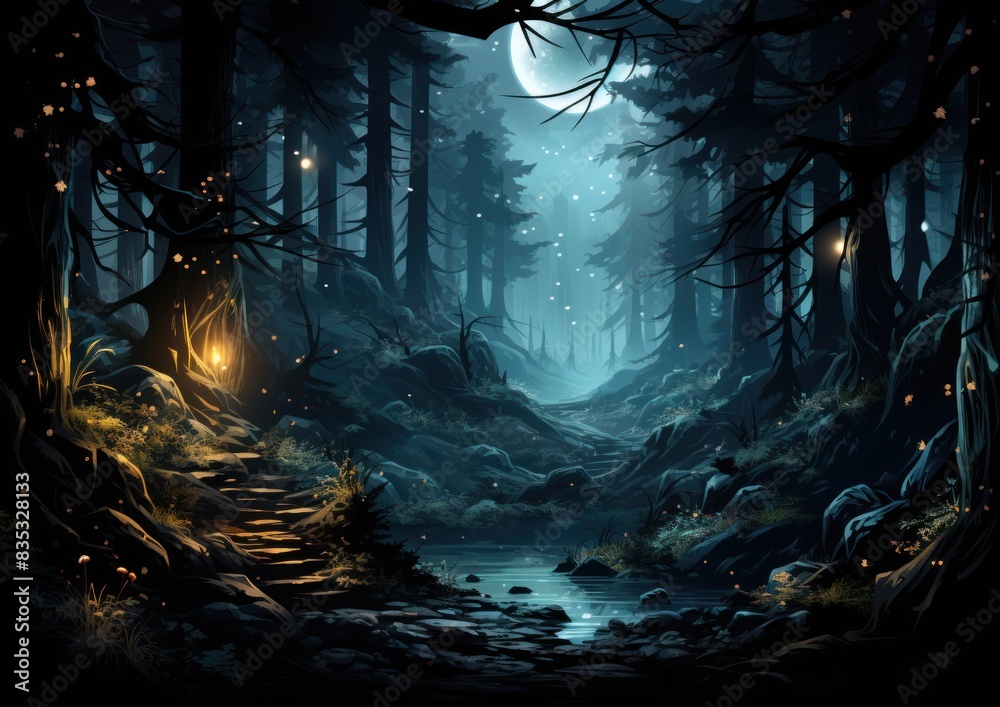 Fototapeta premium A magical forest path illuminated by moonlight and glowing lights