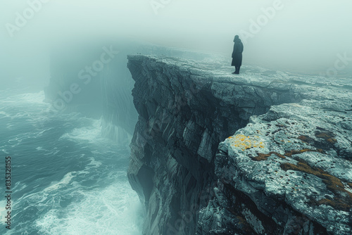 A solitary figure standing atop a crumbling cliff, gazing out at the churning sea below with a heavy heart. Concept of melancholic contemplation. Generative Ai. photo