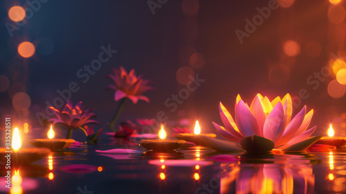 Diwali religious Indian holiday, festival of fire, Lotus flowers and diyas oil lamps on water and blurry backgrounds