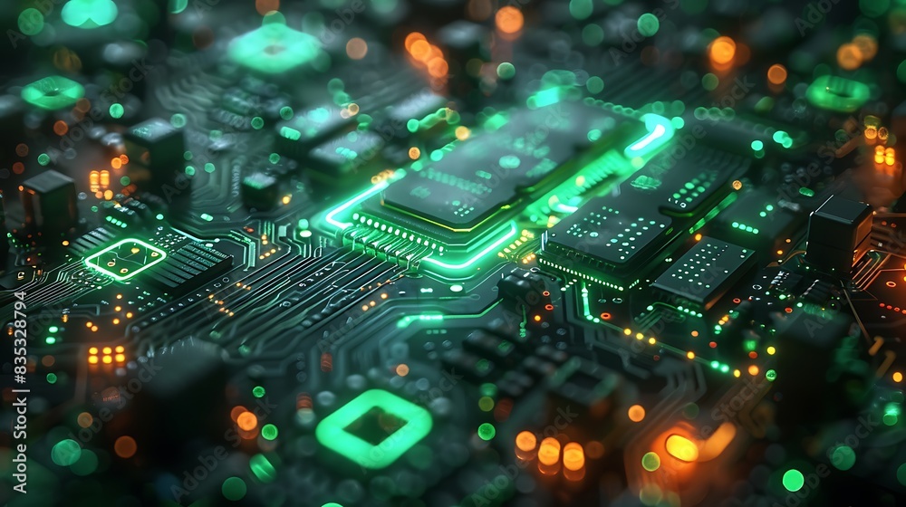 A cybernetic depiction of silicon chip pathways, with intense green and blue pulsating signals, integrated into a dark, industrial setting with visible mechanical components. A cybernetic depiction of silicon chip pathways, with intense green and blue pulsating signals, integrated into a dark, industrial setting with visible mechanical components.