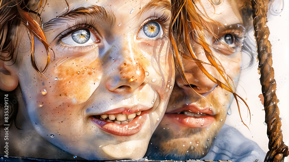 Close-up portrait of a girl and boy looking carefully into the distance. Watercolor illustration Close-up portrait of a girl and boy looking carefully into the distance. Watercolor illustration
