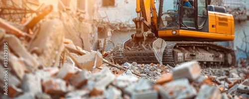 demolition site with rubble and a backhoe on a sunny day, depicting urban renewal and construction.