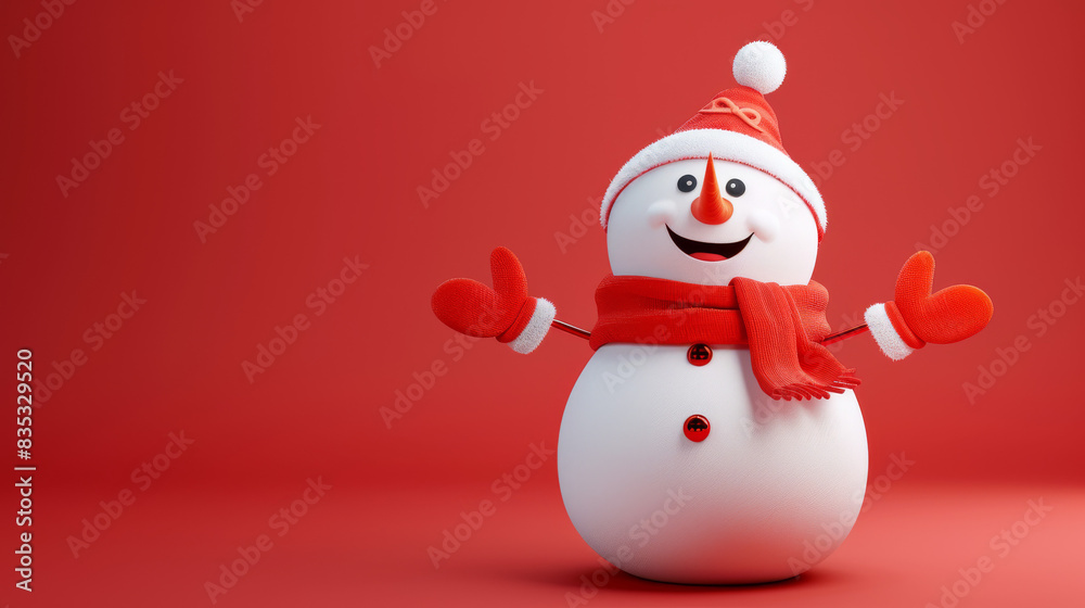 snowman on red background in hat and mittens, сhristmas funny cartoon character, copyspace snowman on red background in hat and mittens, сhristmas funny cartoon character, copyspace