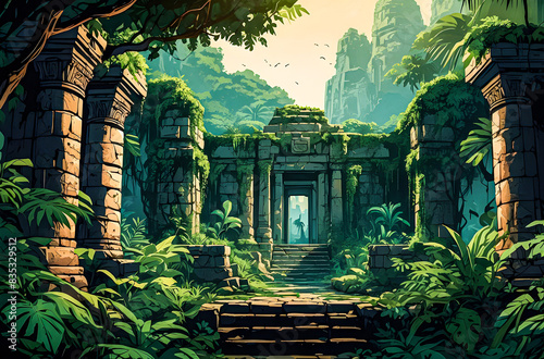 A dense jungle scene with ancient ruins partially hidden by lush vegetation, mysterious symbols on stone vector art illustration generative AI.
