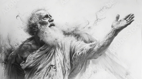 Israel's greatest prophet Elijah, bible, Charcoal pencil drawing, white background, 16:9