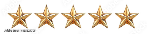 uniform five gold stars isolated, reflective, and shiny golden stars for customer reviews, customer satisfaction 5 stars