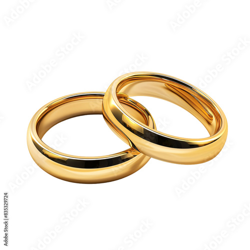 two gold wedding rings, matching wedding bands isolated PNG