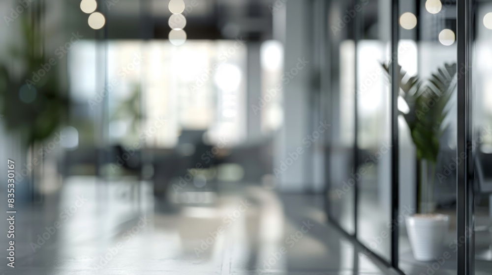 Fototapeta premium blurred background of a modern office interior in gray tones with panoramic windows