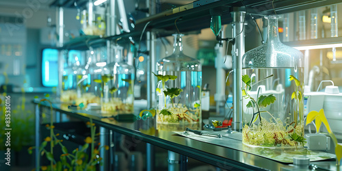 Genetic Modification Lab: A laboratory where geneticists conduct experiments to modify and enhance organisms, with tanks containing genetically modified creatures and plants photo