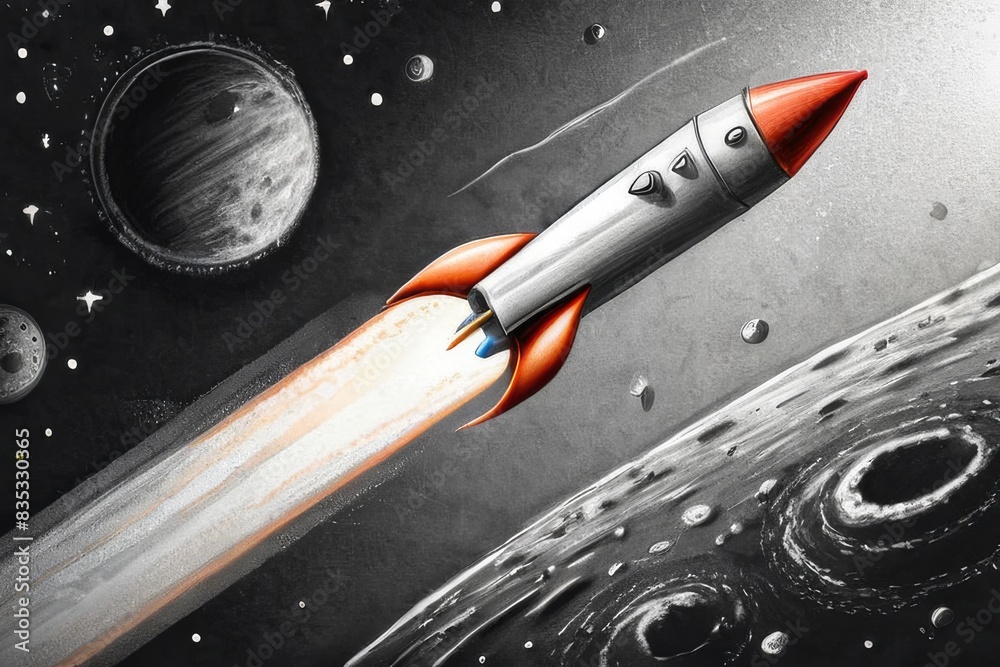Hand Drawn Colorful Pencil Sketch Of Rocket Ship Flying In Space Stock 