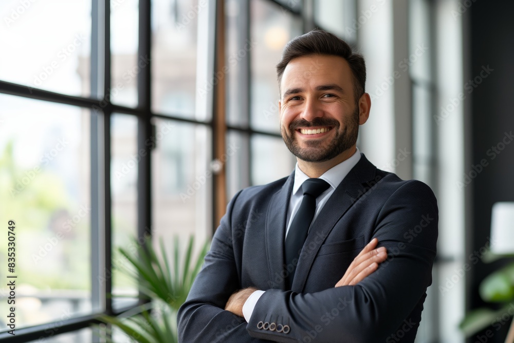 Professional businessman with a beard smiles confidently, arms crossed, standing in a modern office setting with large windows and a blurred urban background Professional businessman with a beard smiles confidently, arms crossed, standing in a modern office setting with large windows and a blurred urban background