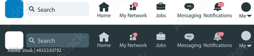 Linkedin search box and tools bar. Professional social media icons in clear and dark mode.