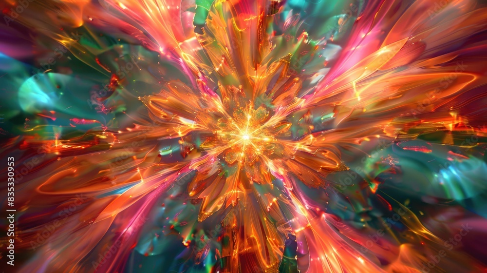 Dynamic fusion of neon hues with a central burst of amber intensity. Dynamic fusion of neon hues with a central burst of amber intensity.