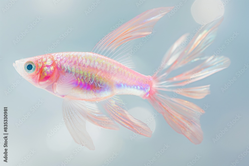 Ethereal image of an iridescent fish with shimmering scales and delicate fins, suspended gracefully against a soft, pastel blue backdrop with bokeh effect, symbolizing tranquility and natural beauty Ethereal image of an iridescent fish with shimmering scales and delicate fins, suspended gracefully against a soft, pastel blue backdrop with bokeh effect, symbolizing tranquility and natural beauty