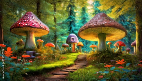 An idyllic forest clearing  alive with the charm of brightly colored mushroom houses.