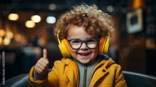 Boy with yellow headset listens to music and indicates something