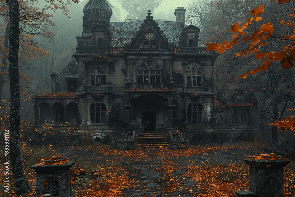 Fototapeta premium A decaying mansion lost in the depths of a mist-shrouded forest, where the trees seem to whisper of ancient secrets. Concept of sylvan decay. Generative Ai.