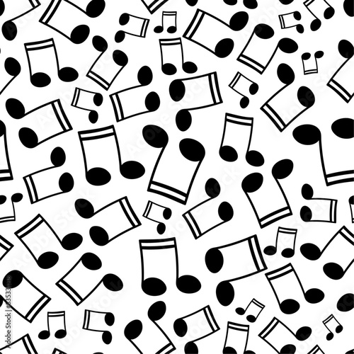 Beam music notes floating over white background. Vector seamless pattern in black and white for use in fabric or graphic design or printing on various surfaces.