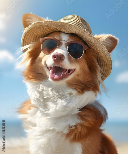 Happy Dog with Sunglasses and Straw Hat Enjoying the Beach