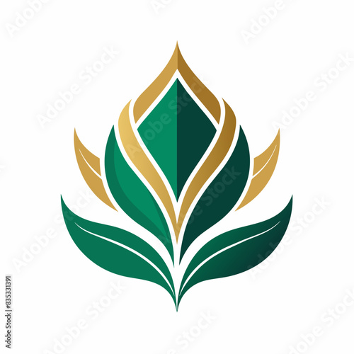a logo that represents the elegance and sophistication of fashion, inspired by a stylized emerald green leaf that spreads gracefully. Add touches of soft gold to enhance its beauty, white background