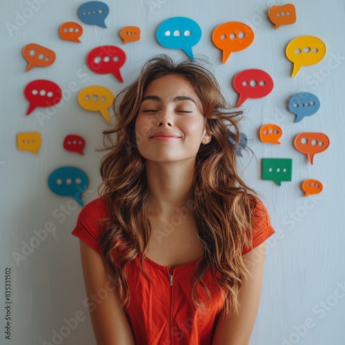 photo of social media speech bubbles popping out from a person's head/mind. She is happy. 