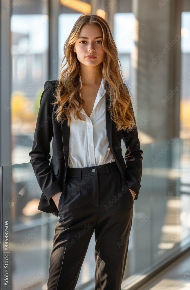 Woman in Suit Standing in Front of Window Woman in Suit Standing in Front of Window