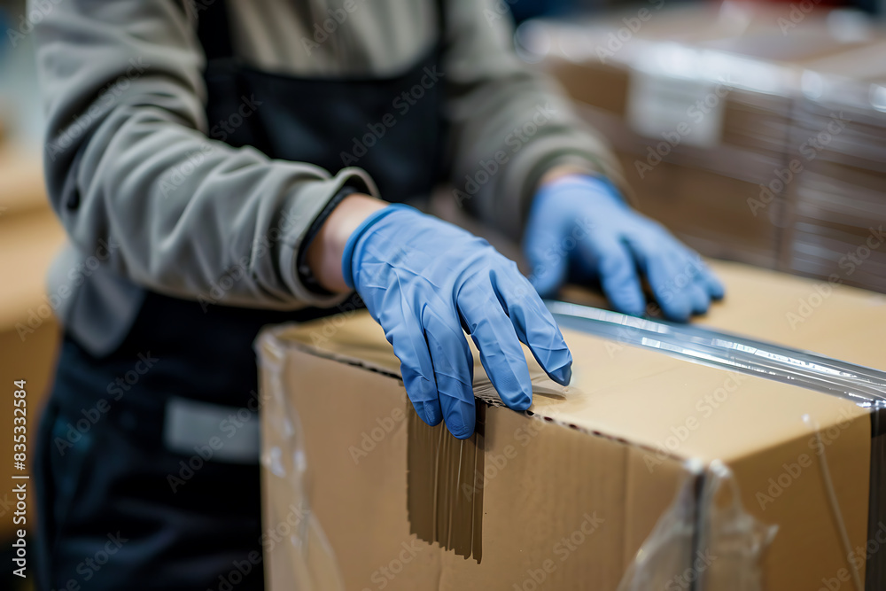 warehouse worker touching the cardboard box and preparing for shipment ...
