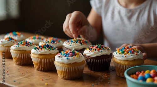  A picture of a child's delight as they decorate cupcakes with colorful sprinkles ai_generated