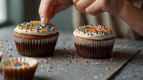  A picture of a child's delight as they decorate cupcakes with colorful sprinkles ai_generated