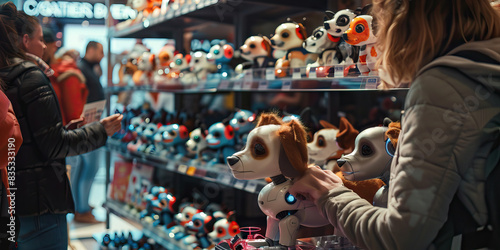 Synthetic Pet Store: A store selling synthetic pets, with lifelike robotic animals on display and customers browsing for their ideal companion