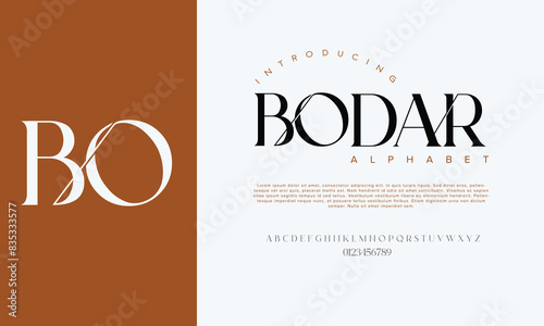 Vector BODAR premium luxury elegant alphabet letters and numbers elegant wedding typography classic