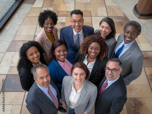 A group of ten diverse professionals in business attire, smiling and looking up at the camera, standing on a tiled floor.