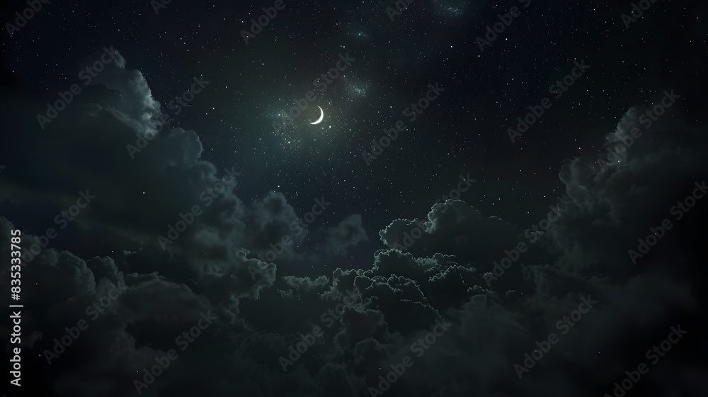 A dark night sky with clouds and the moon shining brightly in the background