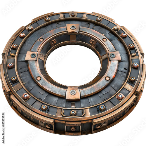 A futuristic, circular metal object with intricate details and a central hole. The object appears to be made of copper and steel. isolated transparent background