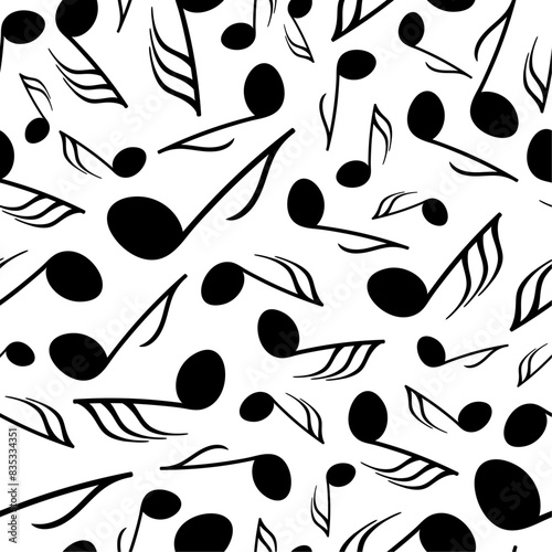 Monochrome vector seamless pattern with differently sized music notes floating over a white backdrop. Surface art design in black and white for use in fabric or graphic design. 