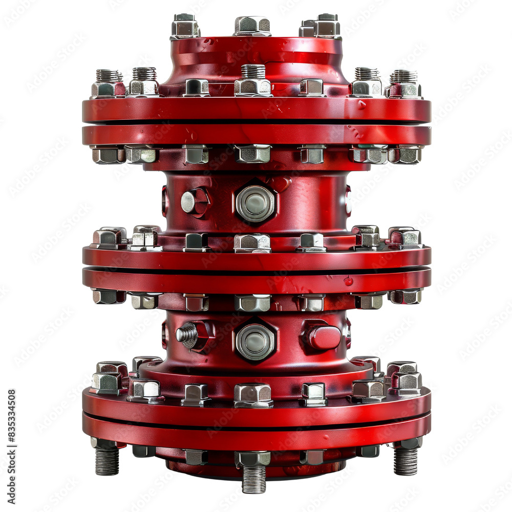 Red industrial pipe connector with multiple flanges and bolts. isolated transparent background Red industrial pipe connector with multiple flanges and bolts. isolated transparent background