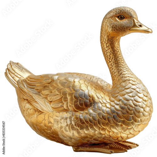 A golden goose figurine with intricate details and a graceful pose.  The goose is rendered in a realistic style with a smooth, polished surface. isolated transparent background photo