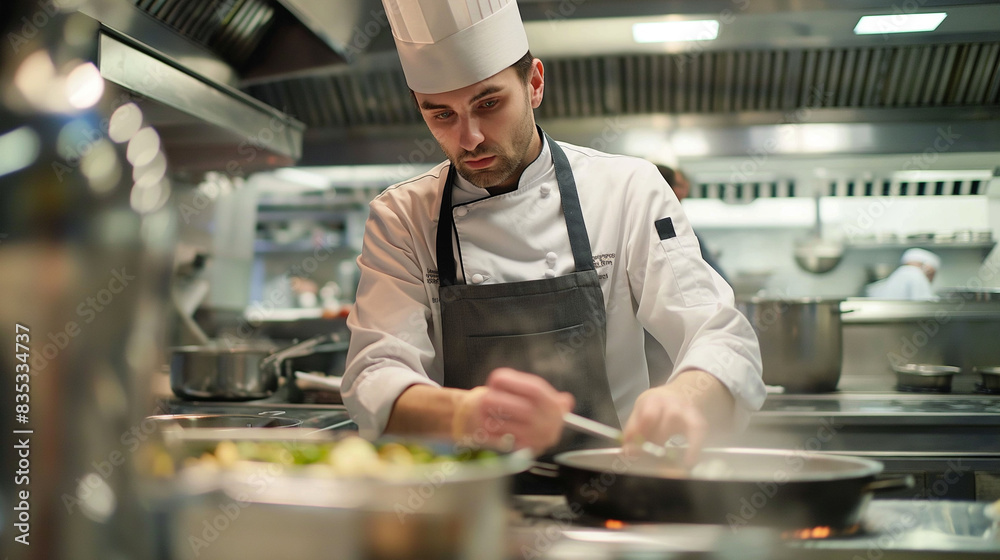 A chef is cooking in the kitchen A chef is cooking in the kitchen