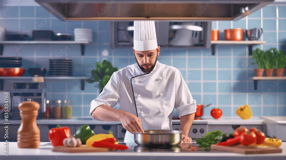 A chef is cooking in the kitchen A chef is cooking in the kitchen