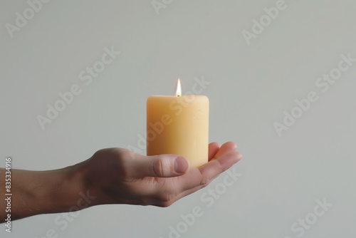 Peaceful image showcasing a single hand holding a gently burning candle with a warm flame, over a subtle, soft gray backdrop conveying serenity and simplicity