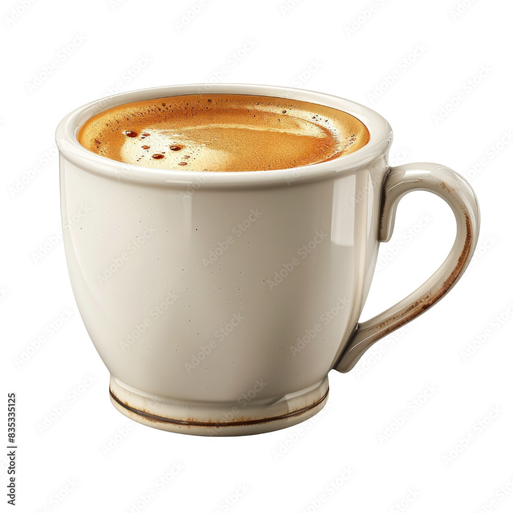 Obraz premium A close-up of a cup of coffee with a thick layer of crema. The coffee is in a white mug with a handle. The background is a simple black. isolated on White background.