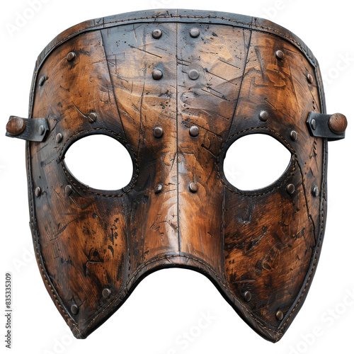 A close-up of a weathered, brown leather mask with rivets and metal accents.  The mask has a simple, yet striking design. isolated on White background.