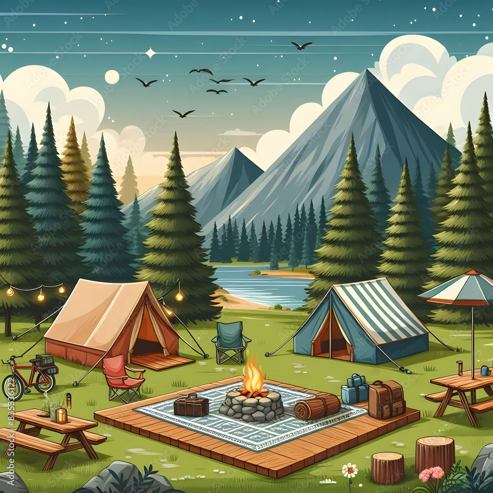 Fototapeta premium camping scenery - 캠핑 풍경. Generative AI