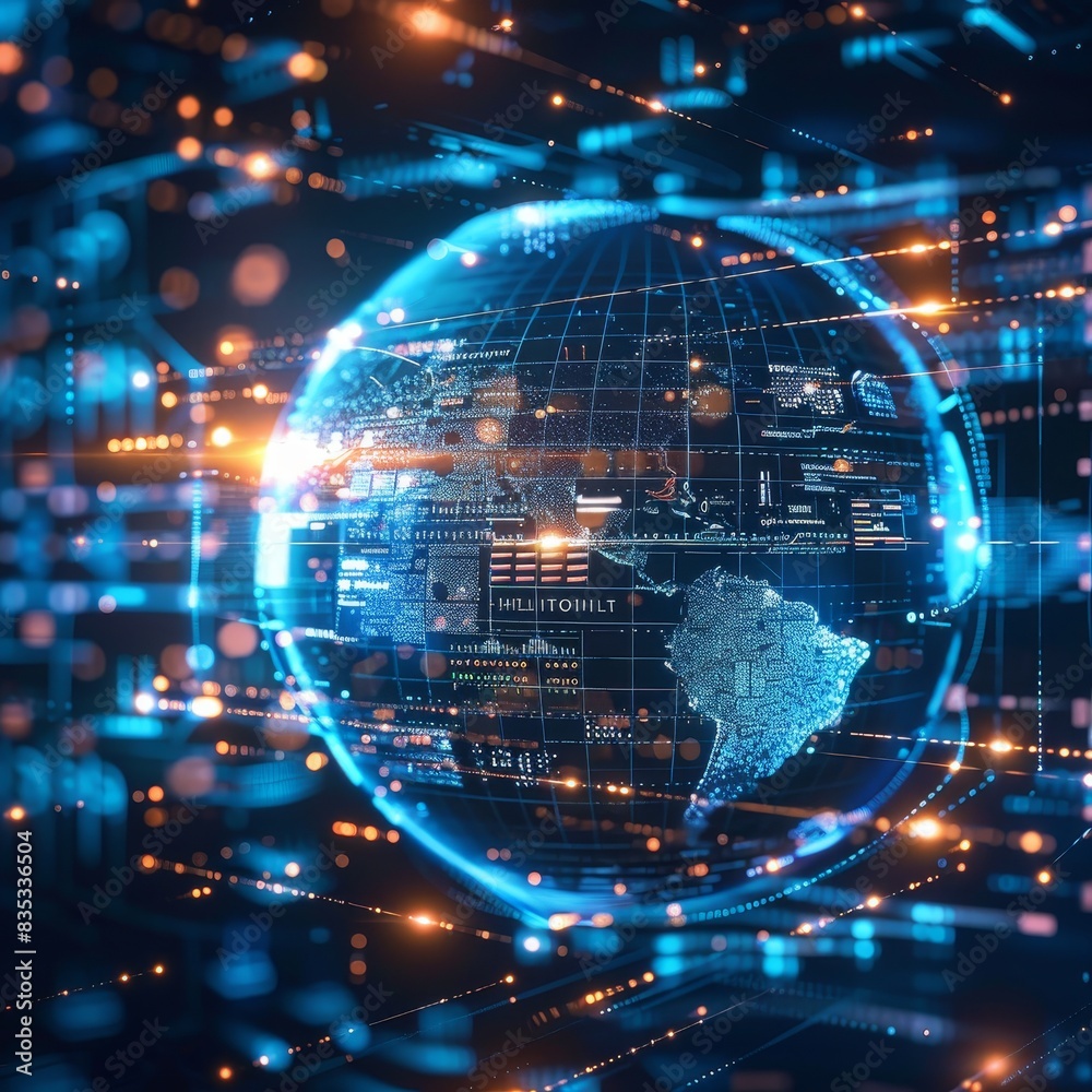 Obraz premium Modern Technology Concept : Digital data globe - abstract illustration of a scientific technology data network surrounding planet earth