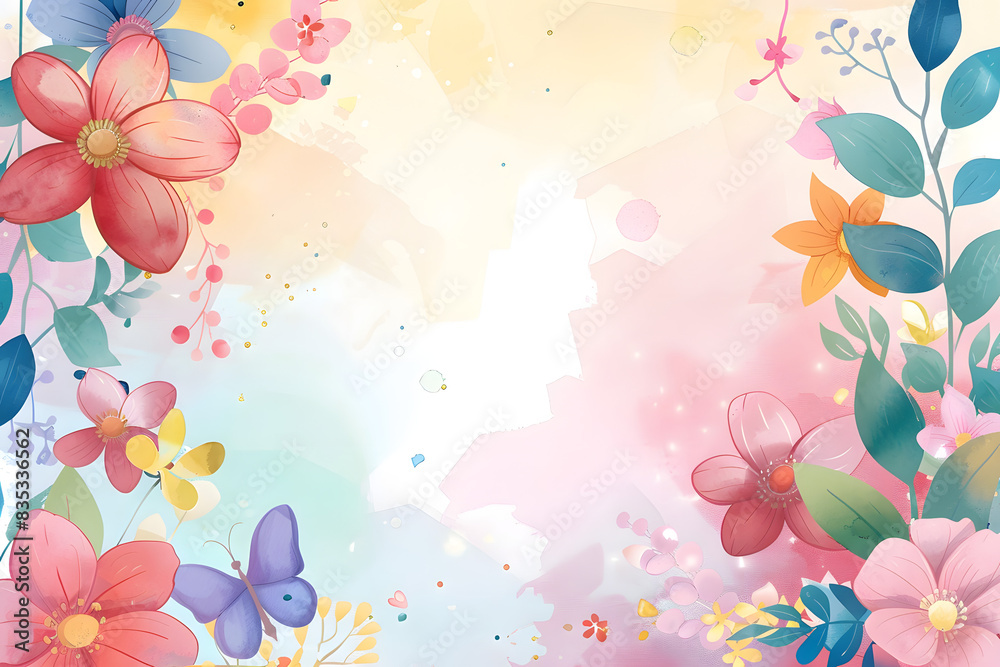 Spring flower frame border background in watercolor style.