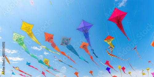 Colorful kites soaring high in the sky at a vibrant kite festival on a sunny day.