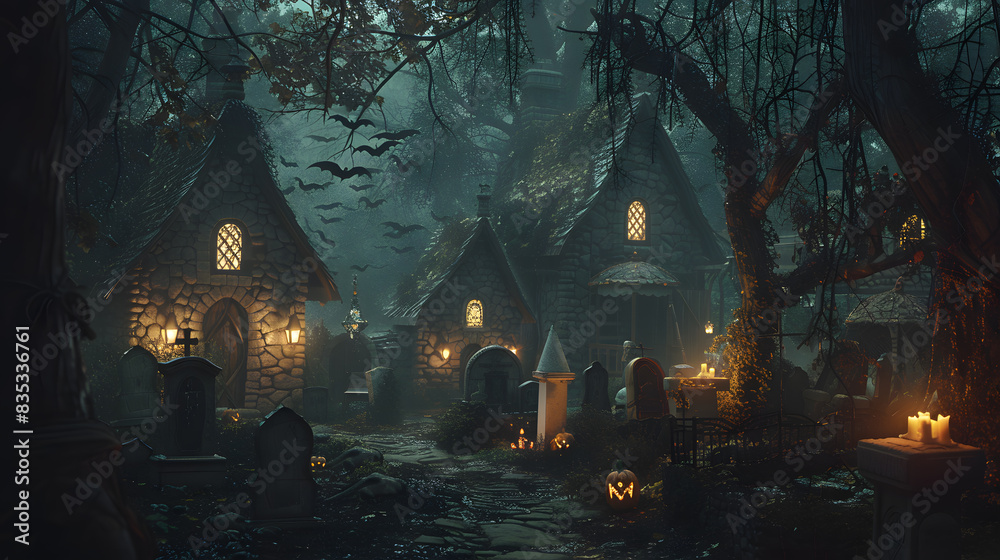 A dark fantasy village with cobblestone streets, cozy taverns lit by lantern light and cemeteries filled with weathered tombstones, glowing pumpkin, bats A dark fantasy village with cobblestone streets, cozy taverns lit by lantern light and cemeteries filled with weathered tombstones, glowing pumpkin, bats