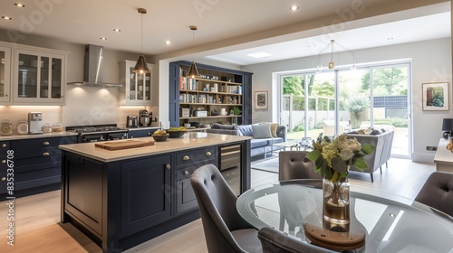 A contemporary country kitchen featuring navy cabinets, a white quartz island, and an elegant dining area with a glass-top table,