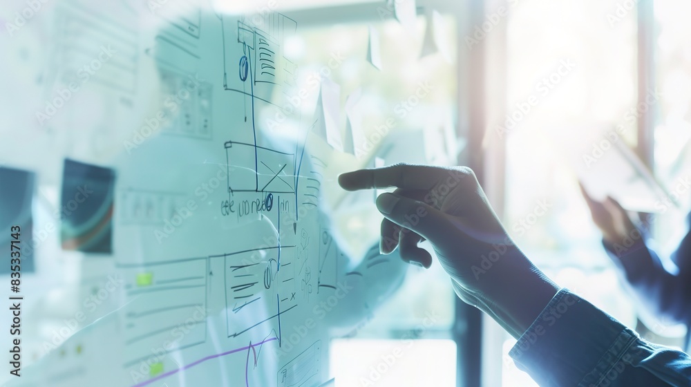 Digital transformation meeting, close-up of a digital whiteboard with integration plans, strategic collaboration. Digital transformation meeting, close-up of a digital whiteboard with integration plans, strategic collaboration.