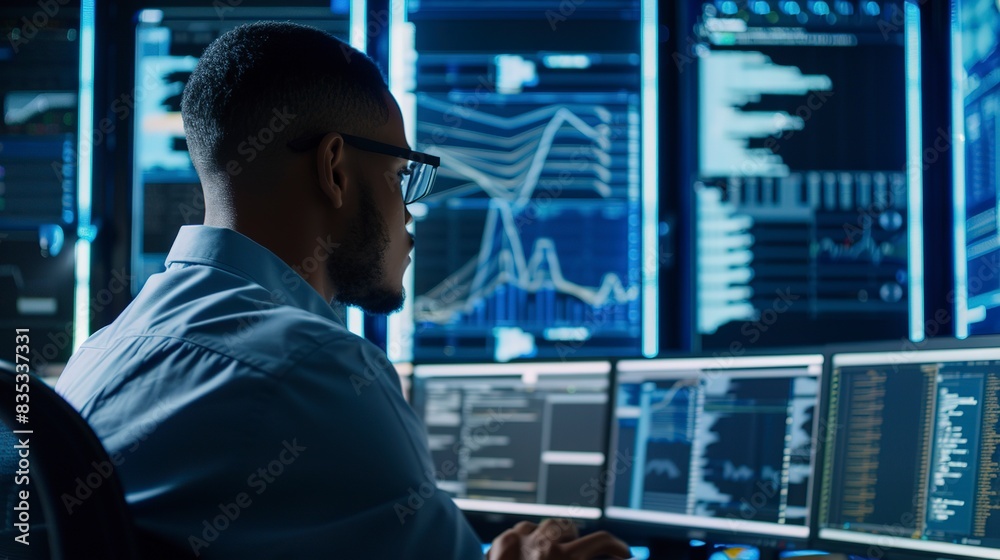 IT specialist monitoring server status on a bank of screens, close-up, vigilance in network operations center. IT specialist monitoring server status on a bank of screens, close-up, vigilance in network operations center.
